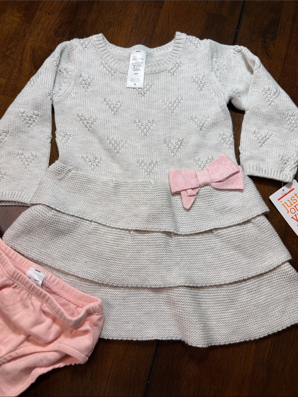 NWT Carter's Gray Tiered Sweater Dress with Pink Bow Accent and Bloomers